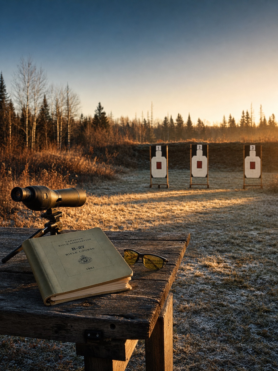 Ontario shooting range at golden hour with B-27 targets, course manual and spotting scope on a wooden bench