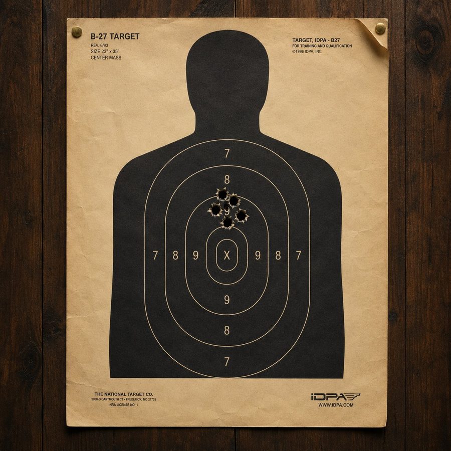 B-27 IDPA target with tight five-shot grouping